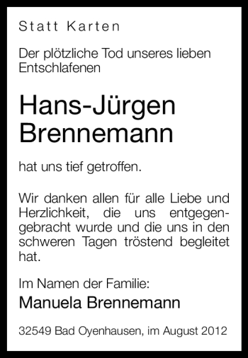 Traueranzeige von Hans-Jürgen Brennemann von Neue Westfälische