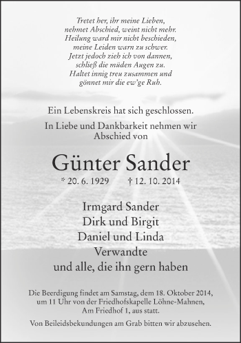 Traueranzeige von Günter Sander von Neue Westfälische