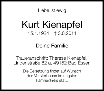 Traueranzeige von Kurt Kienapfel von Neue Westfälische