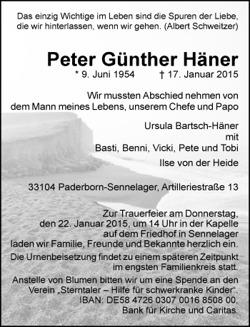 Traueranzeige von Peter Günther Häner von Neue Westfälische