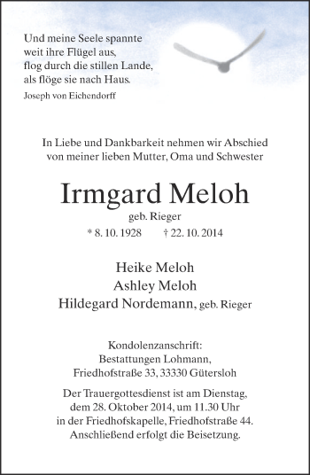 Traueranzeige von Irmgard Meloh von Neue Westfälische