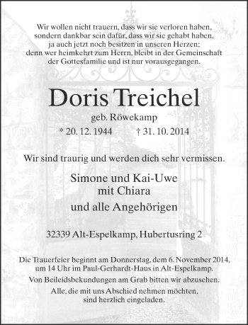 Traueranzeige von Doris Treichel von Neue Westfälische