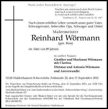 Traueranzeige von Reinhard Wörmann von Neue Westfälische