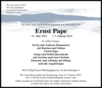 Traueranzeige von Ernst Pape von Neue Westfälische