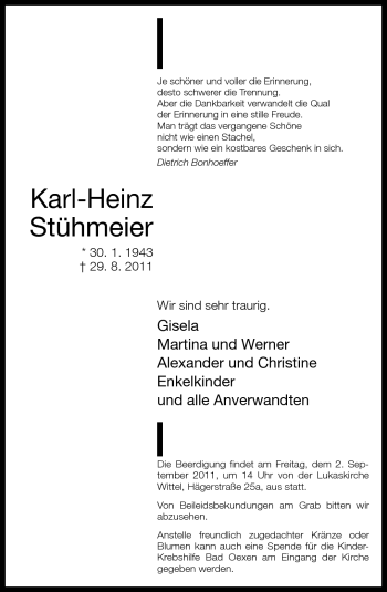 Traueranzeige von Karl-Heinz Stühmeier von Neue Westfälische