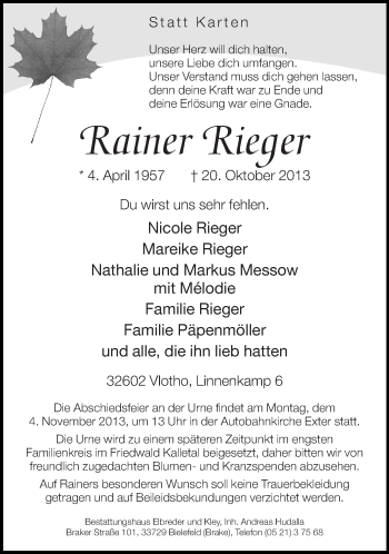 Traueranzeige von Rainer Rieger von Neue Westfälische