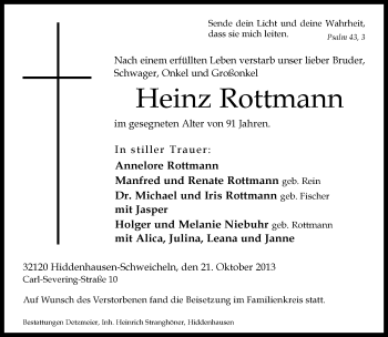 Traueranzeige von Heinz Rottmann von Neue Westfälische