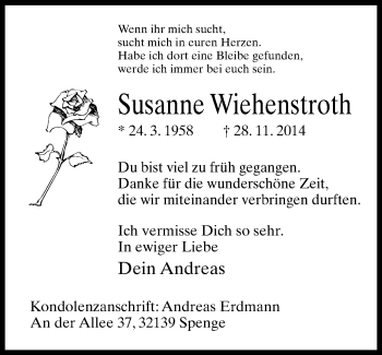 Traueranzeige von Susanne Wiehenstroth von Neue Westfälische