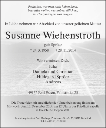 Traueranzeige von Susanne Wiehenstroth von Neue Westfälische