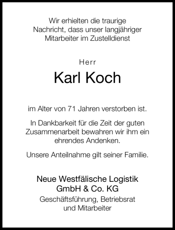 Traueranzeige von Karl Koch von Neue Westfälische