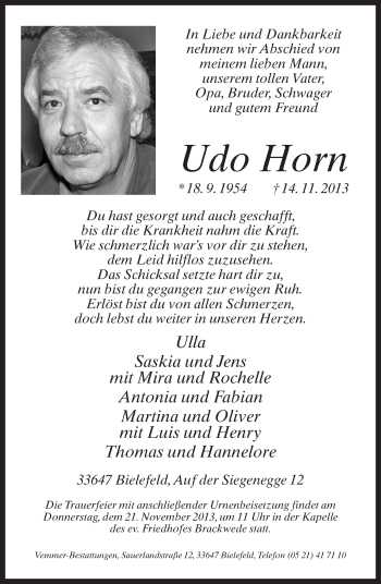 Traueranzeige von Udo Horn von Neue Westfälische