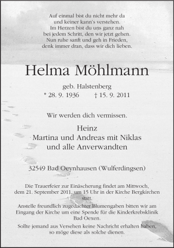 Traueranzeige von Helma Möhlmann von Neue Westfälische