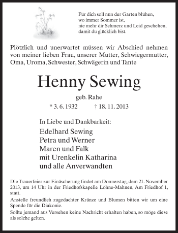 Traueranzeige von Henny Sewing von Neue Westfälische