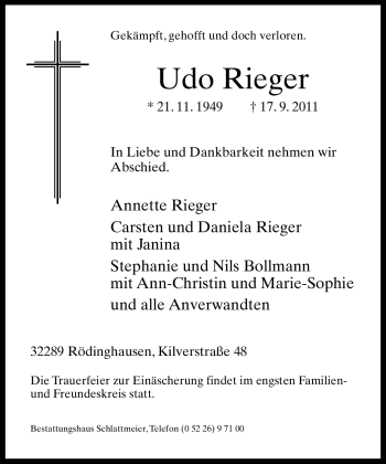 Traueranzeige von Udo Rieger von Neue Westfälische