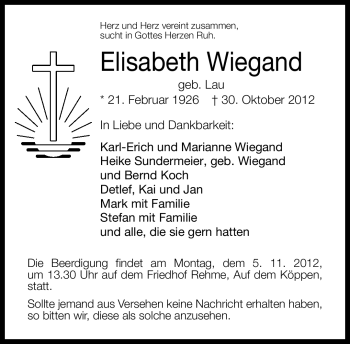 Traueranzeige von Elisabeth Wiegand von Neue Westfälische