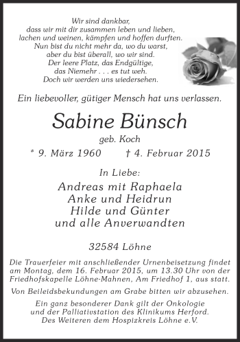 Traueranzeige von Sabine Bünsch von Neue Westfälische