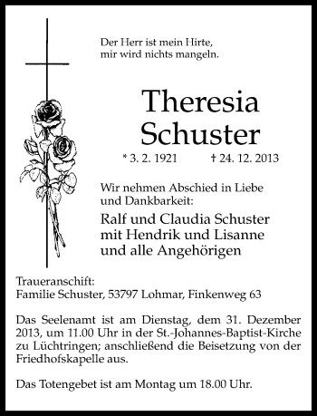 Traueranzeige von Theresia Schuster von Neue Westfälische