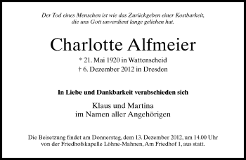 Traueranzeige von Charlotte Alfmeier von Neue Westfälische