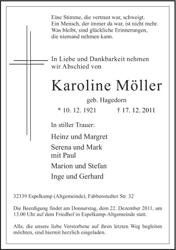 Traueranzeige von Karoline Möller von Neue Westfälische