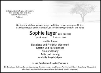 Traueranzeige von Sophie Jäger von Neue Westfälische