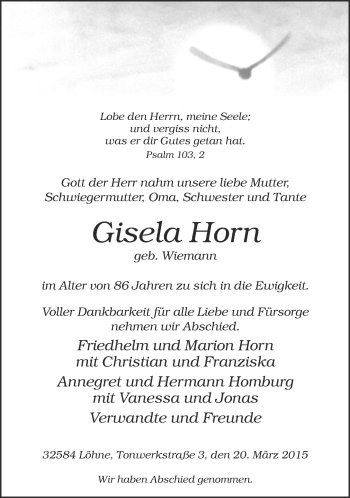 Traueranzeige von Gisela Horn von Neue Westfälische