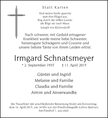 Traueranzeige von Irmgard Schnatsmeyer von Neue Westfälische