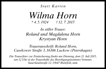 Traueranzeige von Wilma Horn von Neue Westfälische