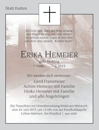 Traueranzeige von Erika Hemeier von Neue Westfälische