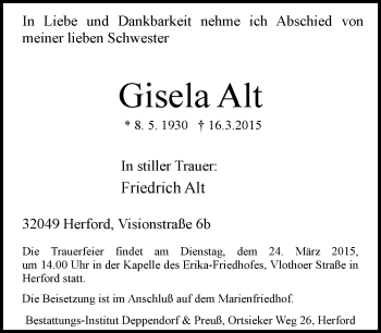 Traueranzeige von Gisela Alt von Neue Westfälische