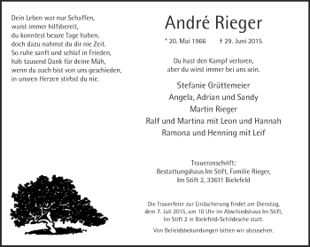 Traueranzeige von André Rieger von Neue Westfälische