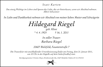 Traueranzeige von Hildegard Riegel von Neue Westfälische