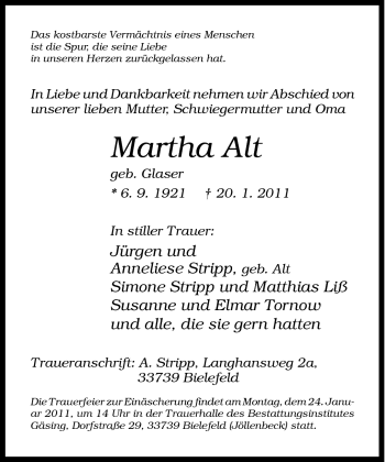 Traueranzeige von Martha Alt von Neue Westfälische