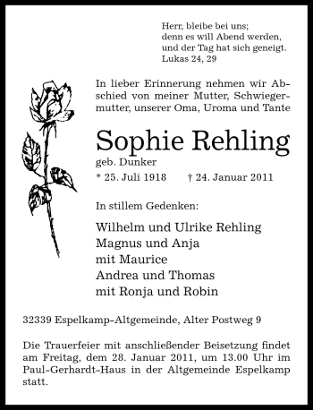 Traueranzeige von Sophie Rehling von Neue Westfälische