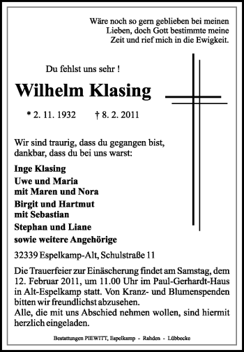 Traueranzeige von Wilhelm Klasing von Neue Westfälische