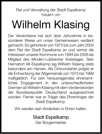 Traueranzeige von Wilhelm Klasing von Neue Westfälische