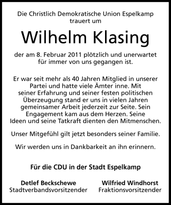 Traueranzeige von Wilhelm Klasing von Neue Westfälische