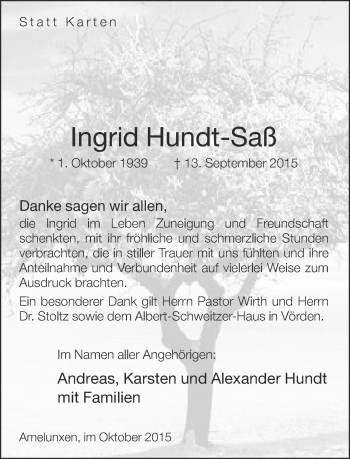 Traueranzeige von Ingrid Hundt-Saß von Neue Westfälische