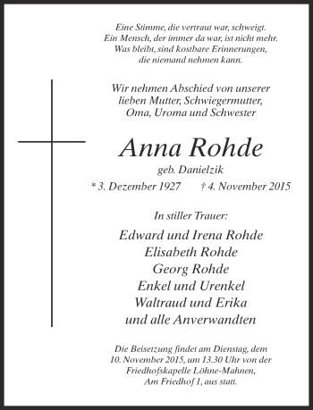 Traueranzeige von Anna Rohde von Neue Westfälische