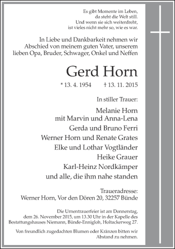 Traueranzeige von Gerd Horn von Neue Westfälische