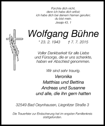 Traueranzeige von Wolfgang Bühne von Neue Westfälische