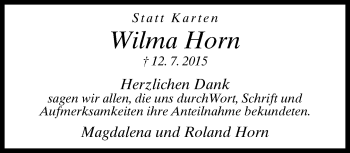 Traueranzeige von Wilma Horn von Neue Westfälische