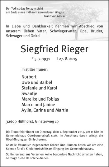 Traueranzeige von Siegfried Rieger von Neue Westfälische