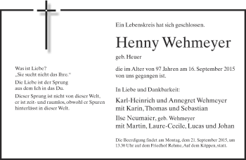 Traueranzeige von Henny Wehmeyer von Neue Westfälische