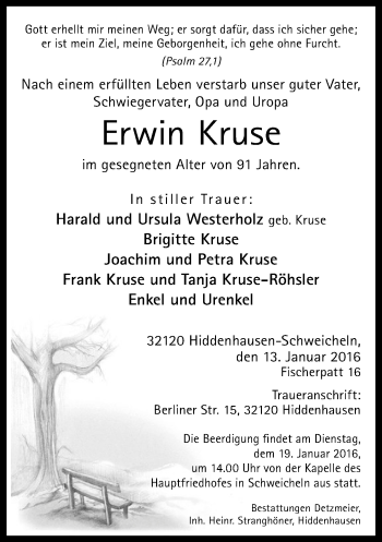 Traueranzeige von Erwin Kruse von Neue Westfälische