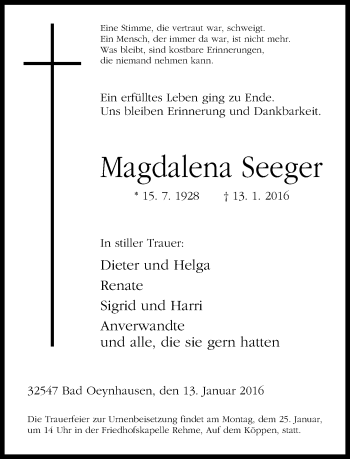 Traueranzeige von Magdalena Seeger von Neue Westfälische