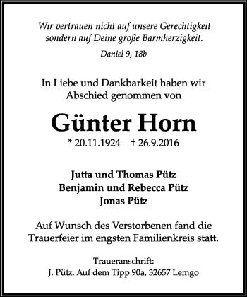 Traueranzeige von Günter Horn von Neue Westfälische