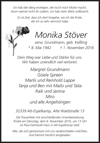 Traueranzeige von Monika Stöver von Neue Westfälische