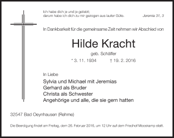 Traueranzeige von Hilde Kracht von Neue Westfälische