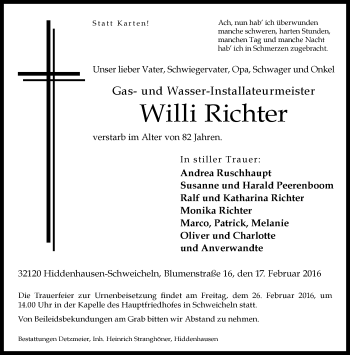 Traueranzeige von Willi Richter von Neue Westfälische