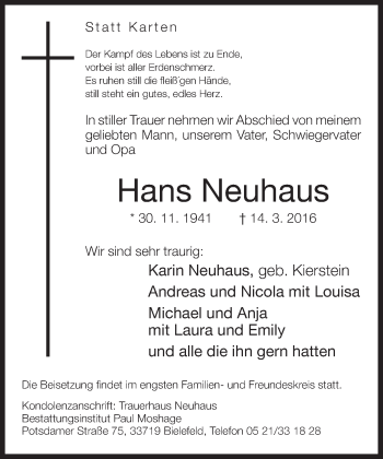 Traueranzeige von Hans Neuhaus von Neue Westfälische